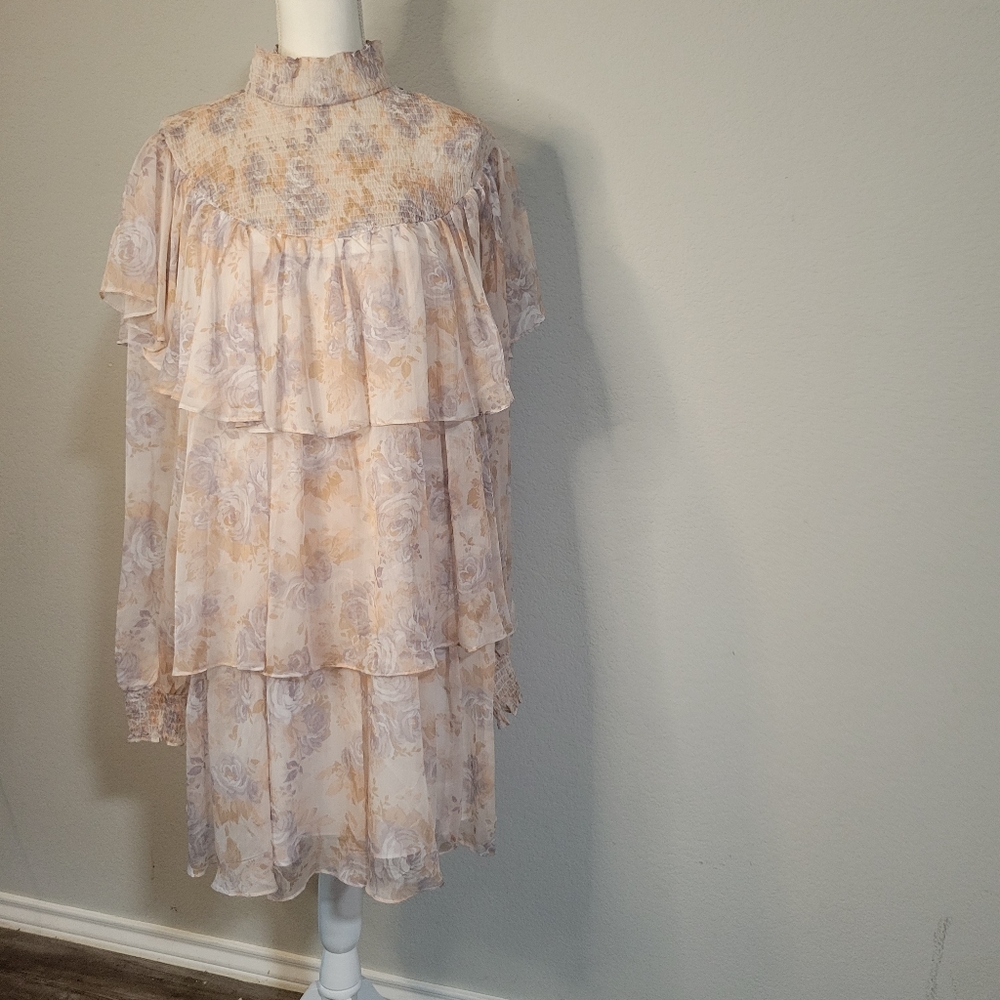 Cream and Gray Formal Sundress with Puff Sleeves